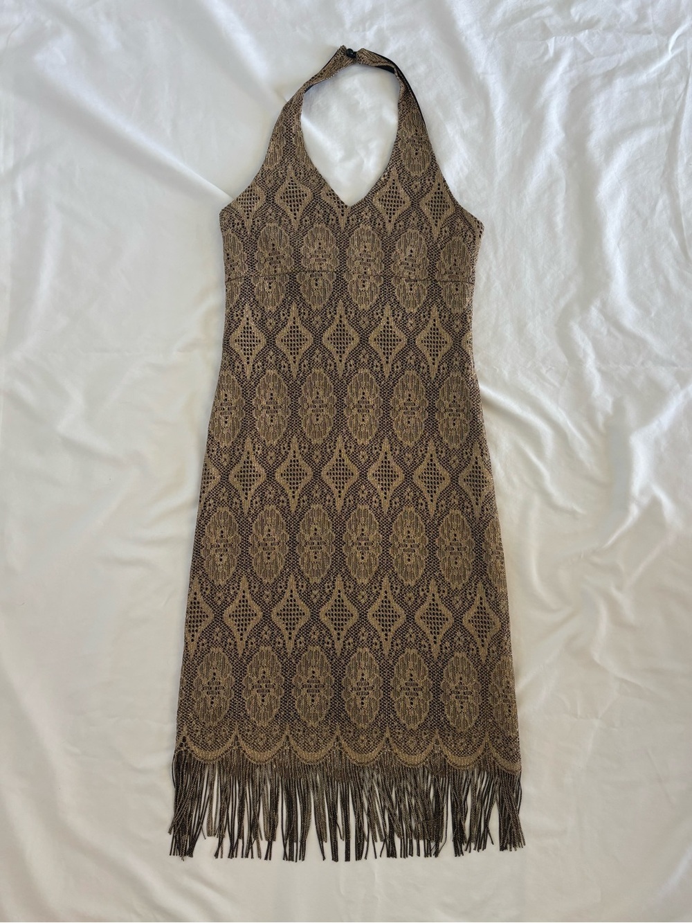 Vtg Alyn Paige Fringe/Tassle Hem Halter Dress Womens 3/4 Black Gold Metallic 90s